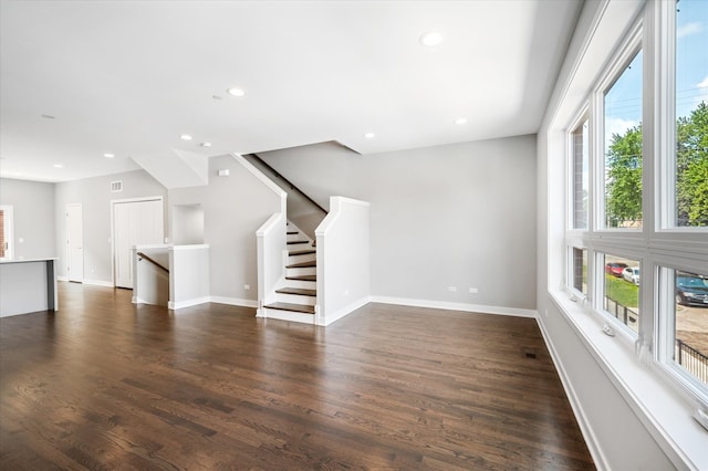 interior space with dark hardwood / wood-style floors and a fireplace