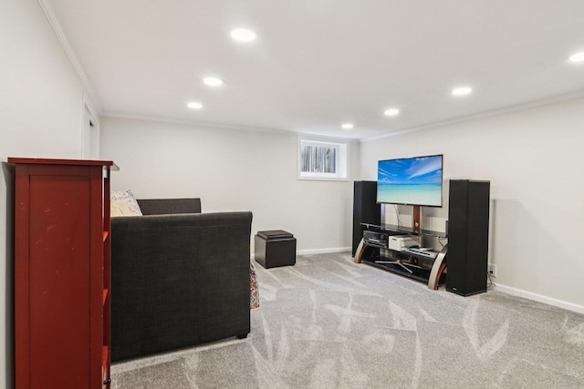 412 Pleasant St, Oak Park, IL 60302 - living room with crown molding, recessed lighting, and carpet