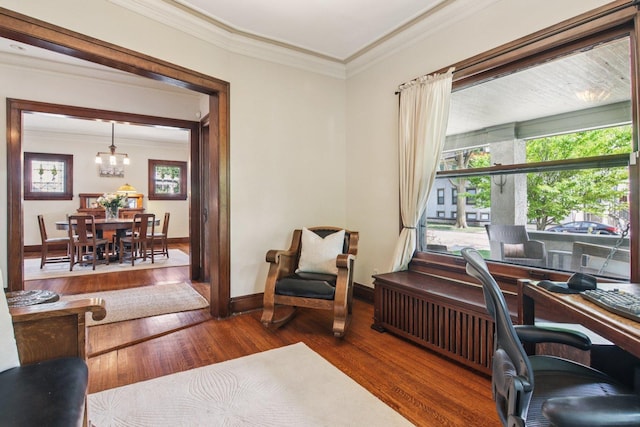 412 Pleasant St, Oak Park, IL 60302 - office with crown molding, wood finished floors, and a chandelier