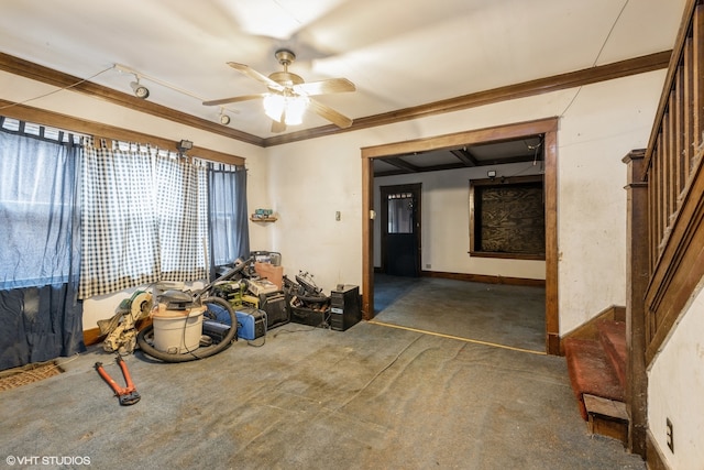 miscellaneous room with ceiling fan and dark carpet