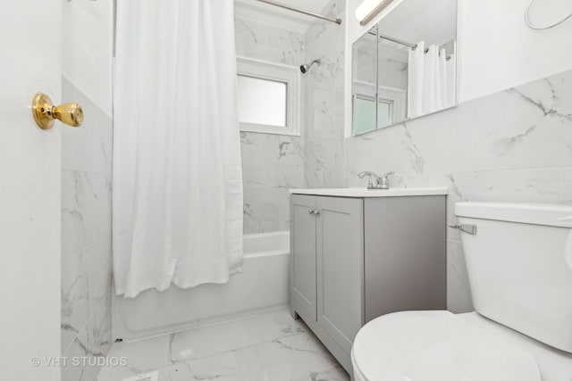 full bathroom with vanity, toilet, and shower / bath combination with curtain