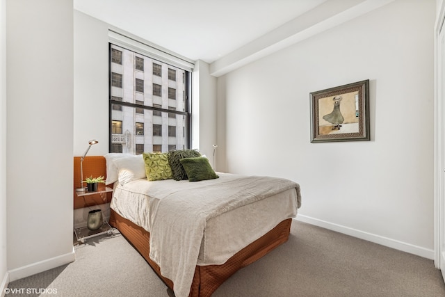 bedroom with a wall of windows and dark colored carpet