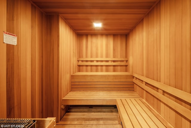 view of sauna with wood ceiling