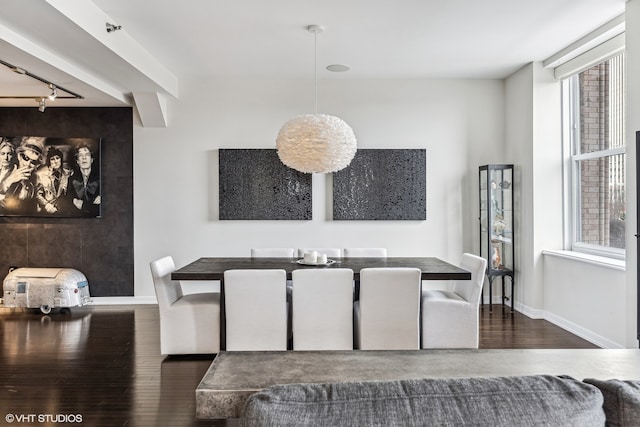 dining room featuring dark wood-type flooring and track lighting