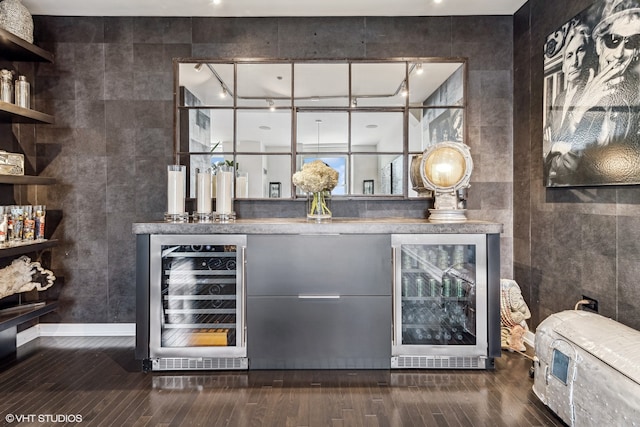 bar featuring tile walls, wine cooler, and dark hardwood / wood-style floors