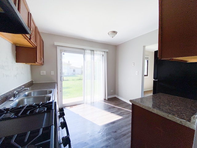 kitchen with sink, dark hardwood / wood-style flooring, exhaust hood, and gas range