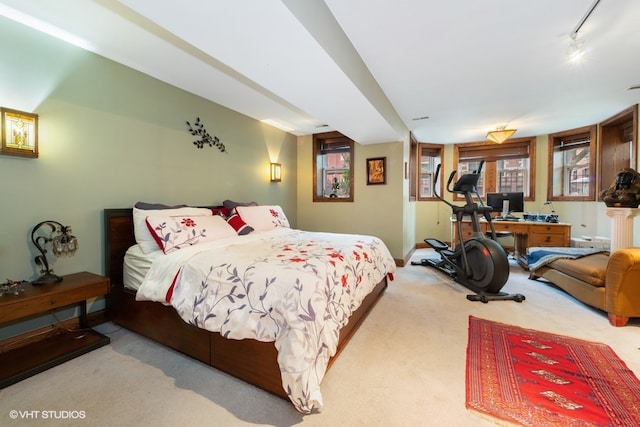 carpeted bedroom featuring track lighting