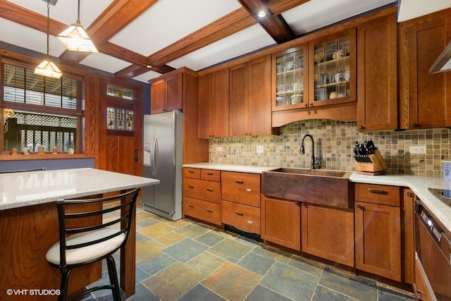 kitchen featuring beam ceiling, stainless steel refrigerator with ice dispenser, backsplash, coffered ceiling, and dark tile flooring