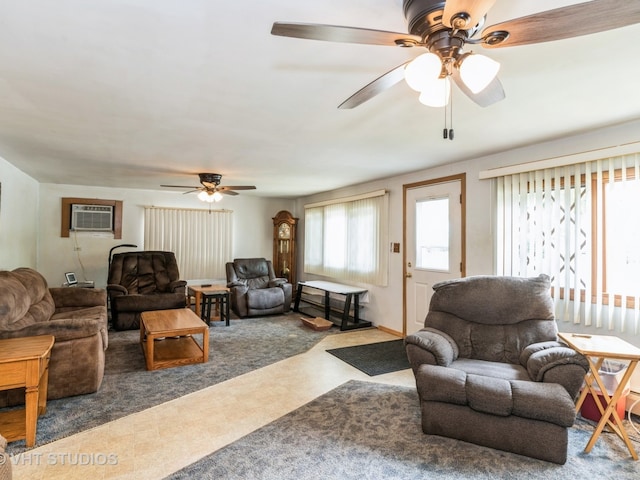 carpeted living room with a ceiling fan and a wall mounted air conditioner