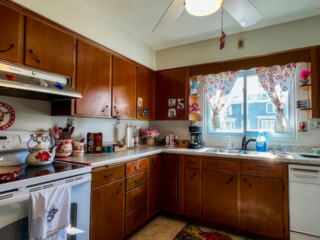 kitchen featuring ceiling fan, white appliances, and sink