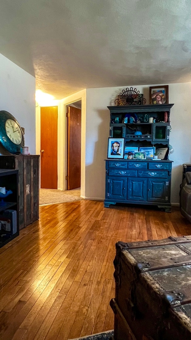 living room featuring light hardwood / wood-style floors and a textured ceiling