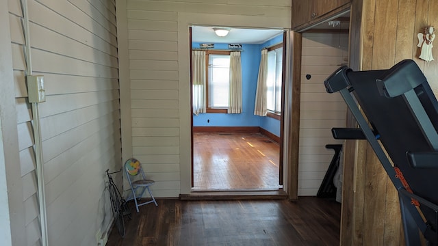 doorway featuring wooden walls and dark hardwood / wood-style flooring