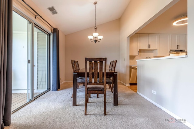 1405 Apricot Ct Unit D, Mount Prospect, IL 60056 - dining room featuring a chandelier, lofted ceiling, light colored carpet, and baseboards