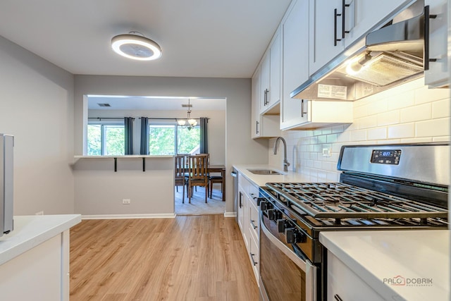 1405 Apricot Ct Unit D, Mount Prospect, IL 60056 - kitchen with gas range, a sink, under cabinet range hood, light wood-style floors, and tasteful backsplash