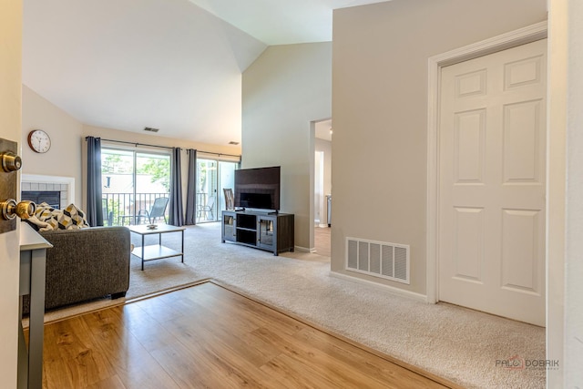 1405 Apricot Ct Unit D, Mount Prospect, IL 60056 - carpeted living room with lofted ceiling, wood finished floors, and a tile fireplace