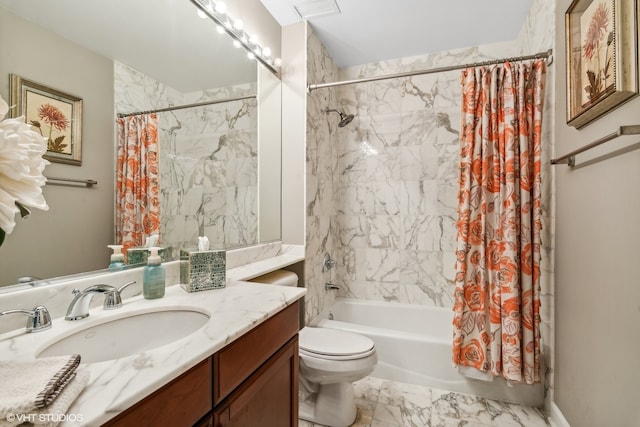 full bathroom with vanity, toilet, and shower / bath combo with shower curtain