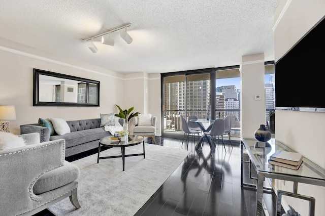 living room featuring a textured ceiling, hardwood / wood-style floors, track lighting, and a wall of windows