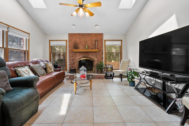 182 Ashley Way, Bloomingdale, IL 60108 - living room with a skylight, vaulted ceiling, plenty of natural light, a ceiling fan, and light tile patterned flooring