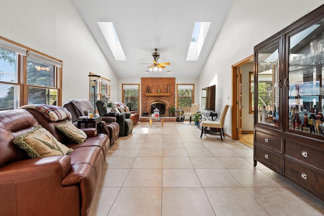 182 Ashley Way, Bloomingdale, IL 60108 - living area with a skylight, high vaulted ceiling, light tile patterned floors, and a fireplace