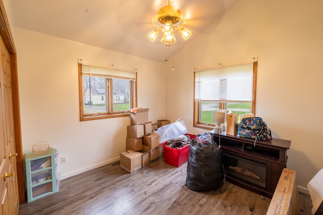 bedroom featuring ceiling fan, lofted ceiling, and light hardwood / wood-style flooring