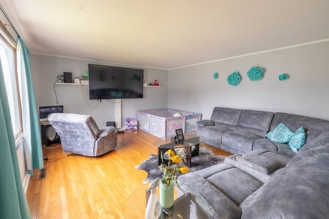 living room featuring ornamental molding and wood-type flooring