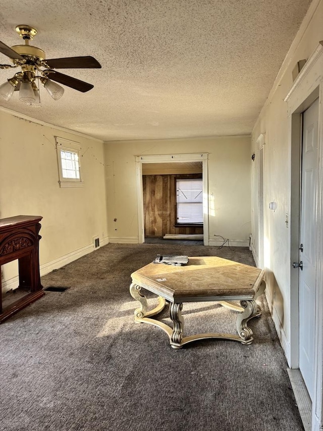 interior space featuring ceiling fan, carpet floors, and a textured ceiling