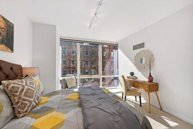 bedroom with rail lighting and light colored carpet