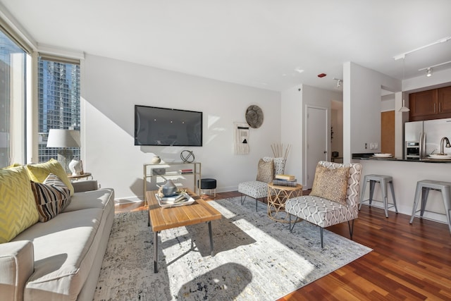 living room featuring dark hardwood / wood-style flooring and rail lighting