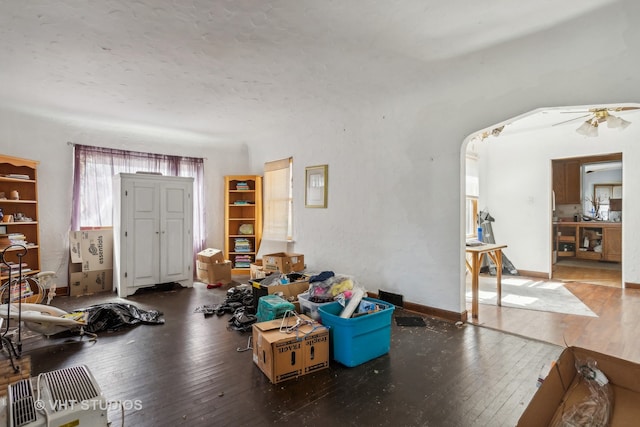 living room featuring ceiling fan and hardwood / wood-style flooring