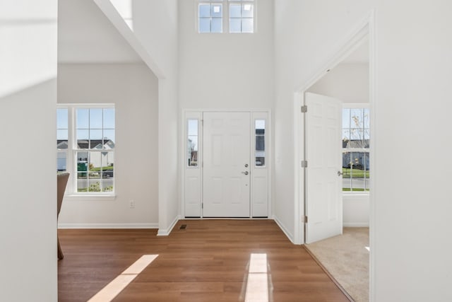 foyer entrance featuring hardwood / wood-style flooring, a healthy amount of sunlight, and a towering ceiling