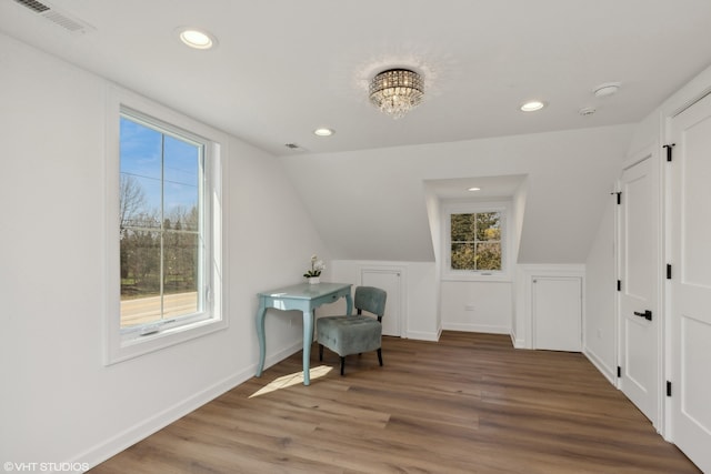 bonus room featuring lofted ceiling, wood-type flooring, and a healthy amount of sunlight