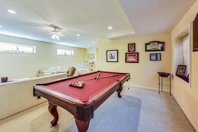 recreation room with ceiling fan, light colored carpet, and billiards