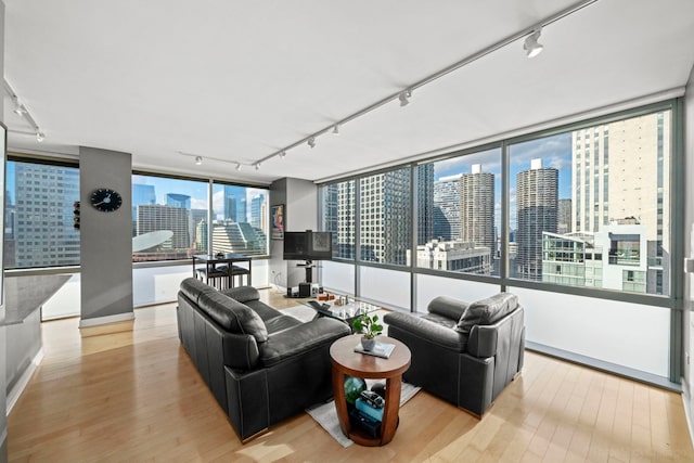 living room featuring light hardwood / wood-style floors, track lighting, and a wall of windows