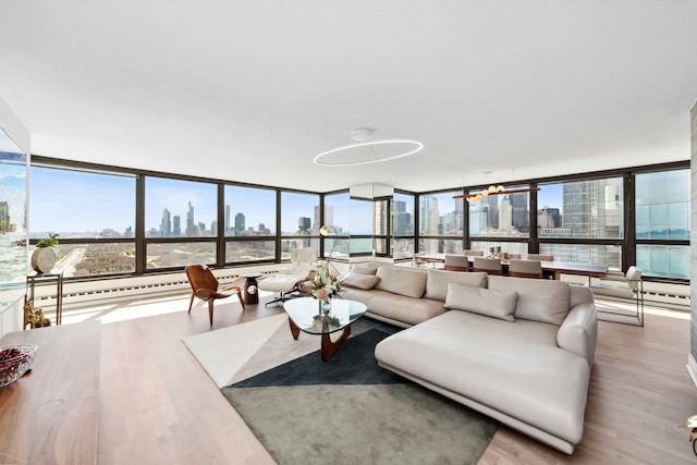 living room featuring wood-type flooring, expansive windows, and a healthy amount of sunlight