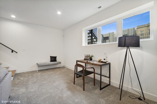 view of carpeted home office