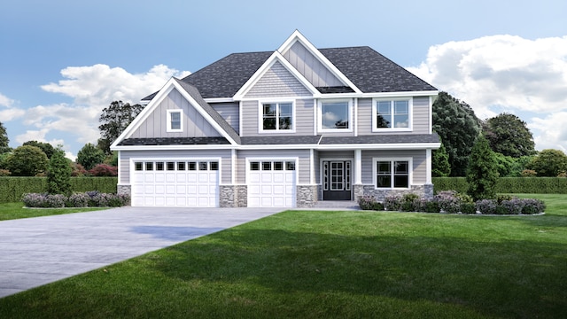 craftsman-style house with a garage and a front lawn