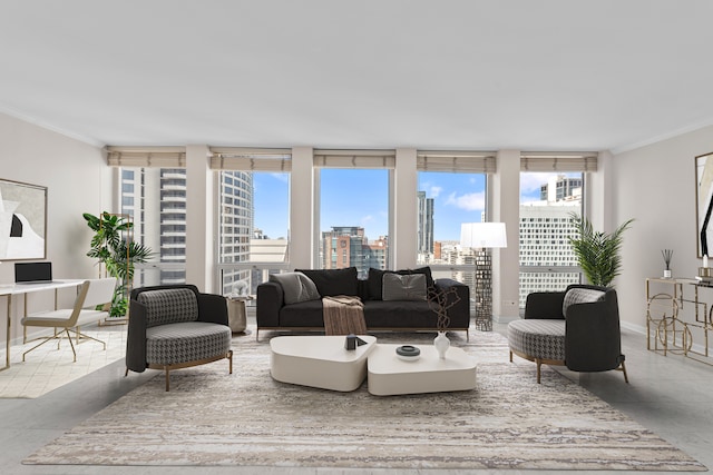 tiled living room with crown molding and a wealth of natural light