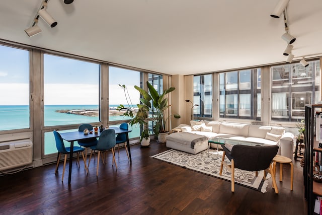 living room featuring expansive windows, dark hardwood / wood-style flooring, track lighting, and a water view