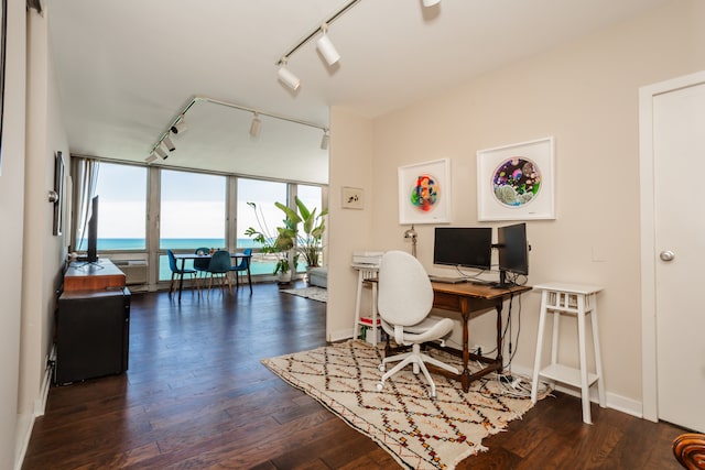 home office with rail lighting and dark hardwood / wood-style flooring