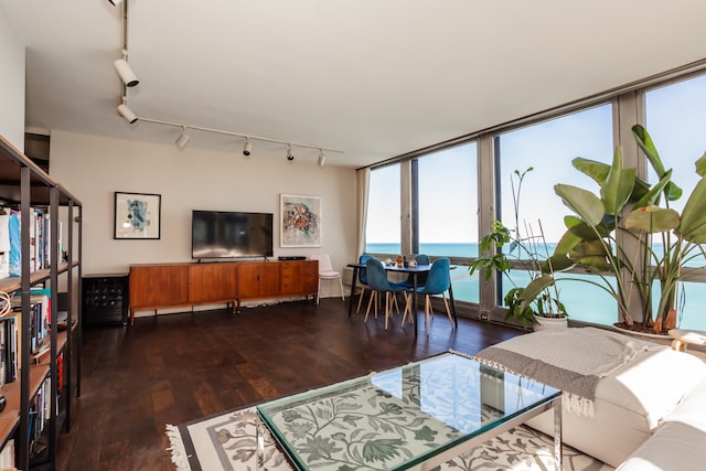 living room with floor to ceiling windows and dark hardwood / wood-style flooring