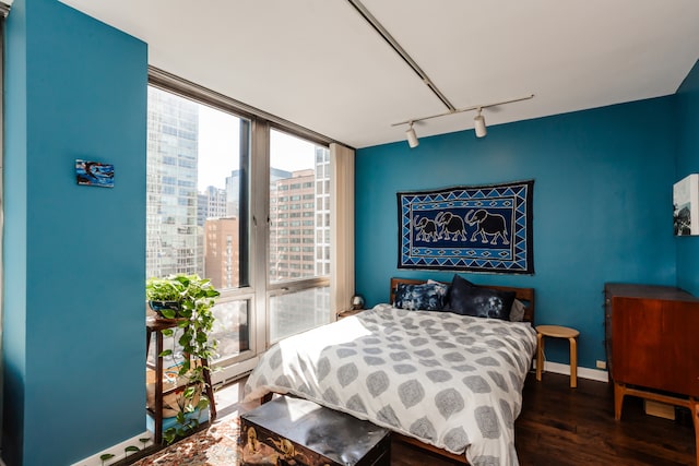 bedroom featuring track lighting, a wall of windows, and dark hardwood / wood-style flooring