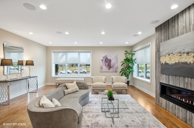 living room featuring a fireplace and light hardwood / wood-style flooring