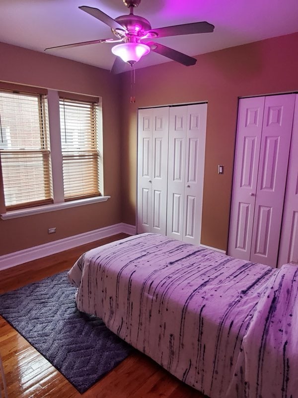 bedroom with dark hardwood / wood-style floors, multiple closets, and ceiling fan