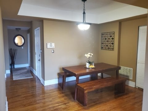 dining room featuring dark hardwood / wood-style flooring and a raised ceiling