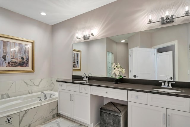 bathroom with a relaxing tiled bath, tile flooring, and double sink vanity