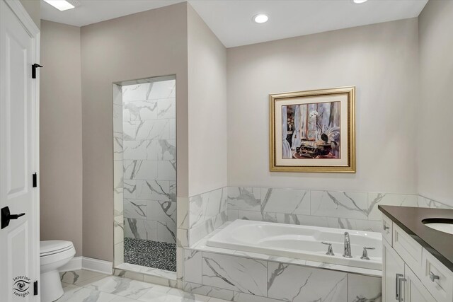 full bathroom featuring vanity, tile floors, toilet, and separate shower and tub