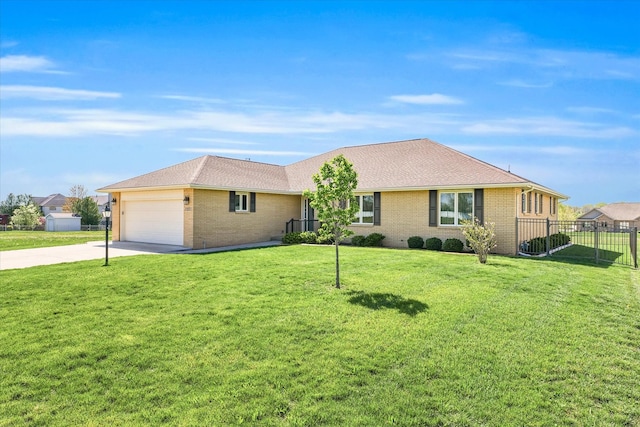 ranch-style house with a garage and a front lawn