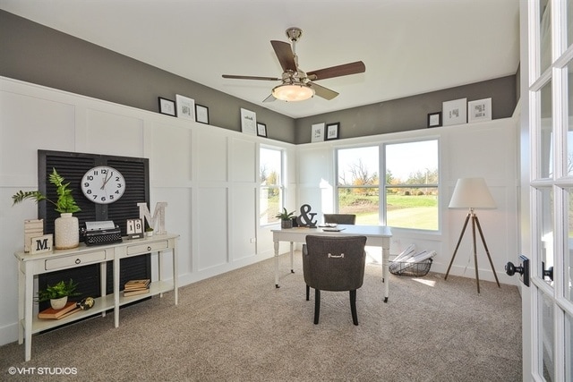 office with ceiling fan and carpet flooring