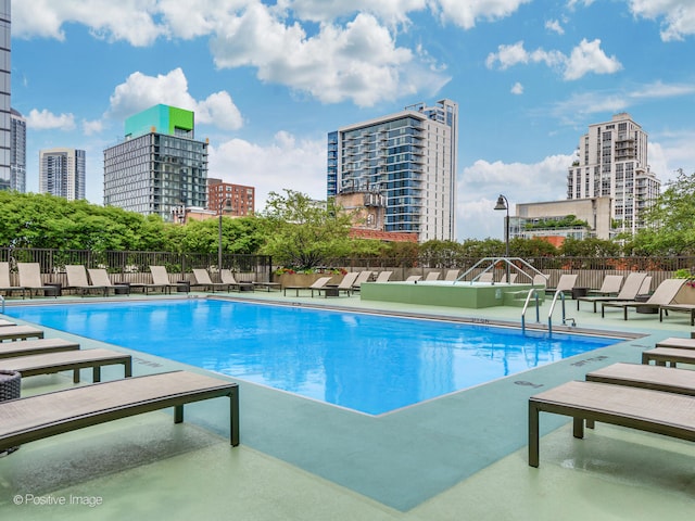 view of swimming pool featuring a patio area