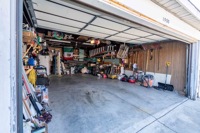 garage with a workshop area